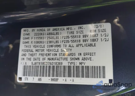 2007 Acura Rdx из США, поврежденный, VIN 5J8TB18507A018369